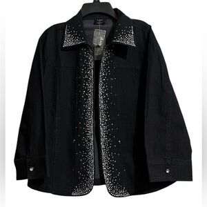 NWT Lady Noiz Black Denim Rhinestone Open Front Lightweight Jacket Size Large